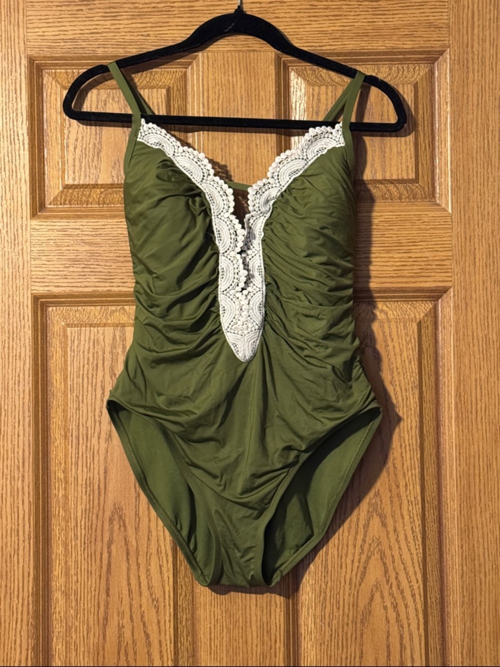 Time and Tru Olive Green One-Piece Swimsuit with Cream Lace Trim